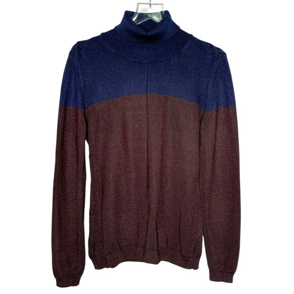 Piazza Sempione L Womens Colorblock Knit Turtleneck Sweater Navy Brown - Picture 1 of 9